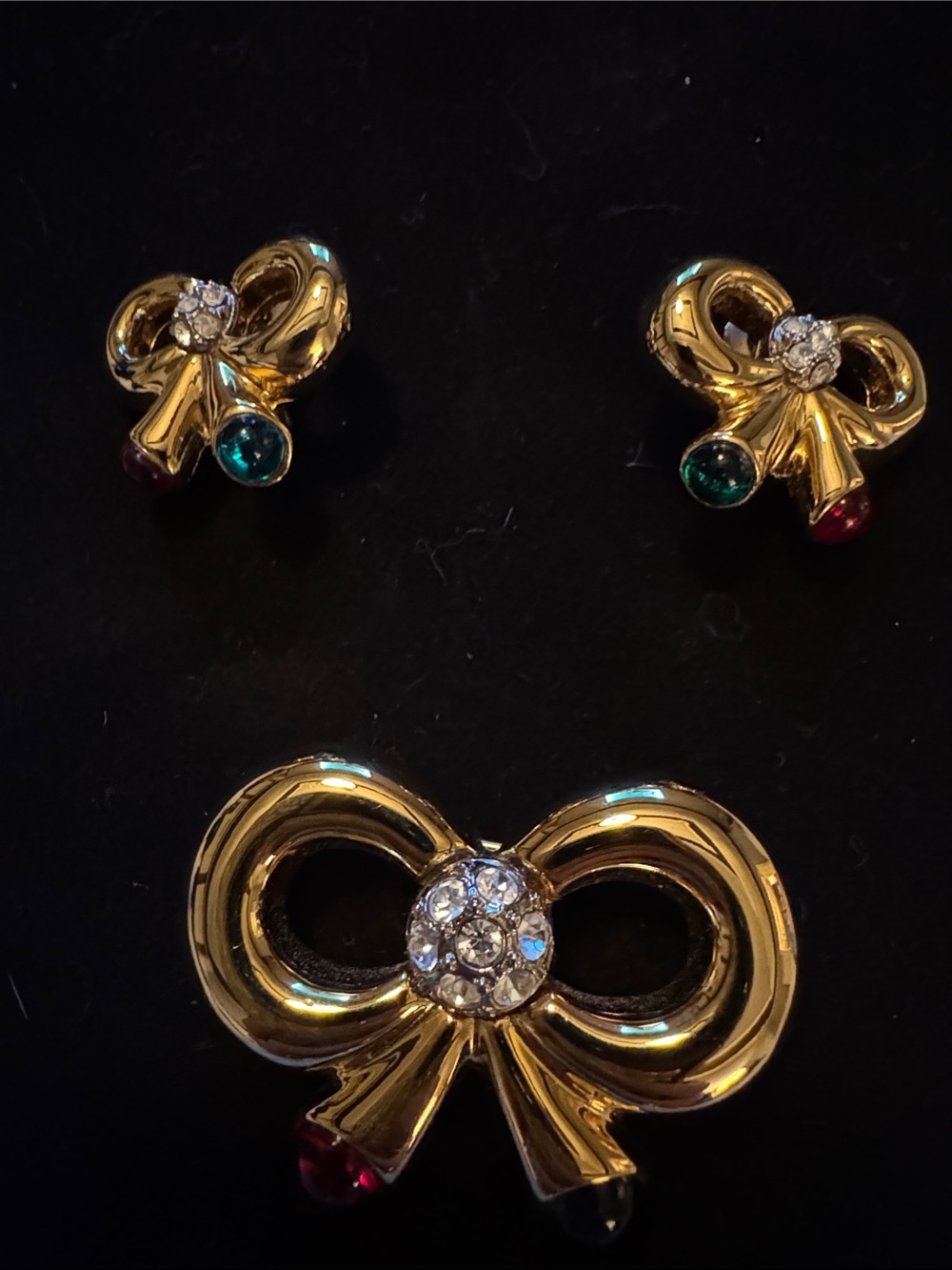 Vintage Joan Rivers Bow Brooch & Clip-on Earrings w/ Clear Crystals & colored